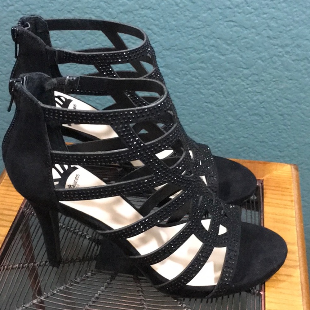 Fergalicious Black Ankle Strap Open Toe Heels, 7M